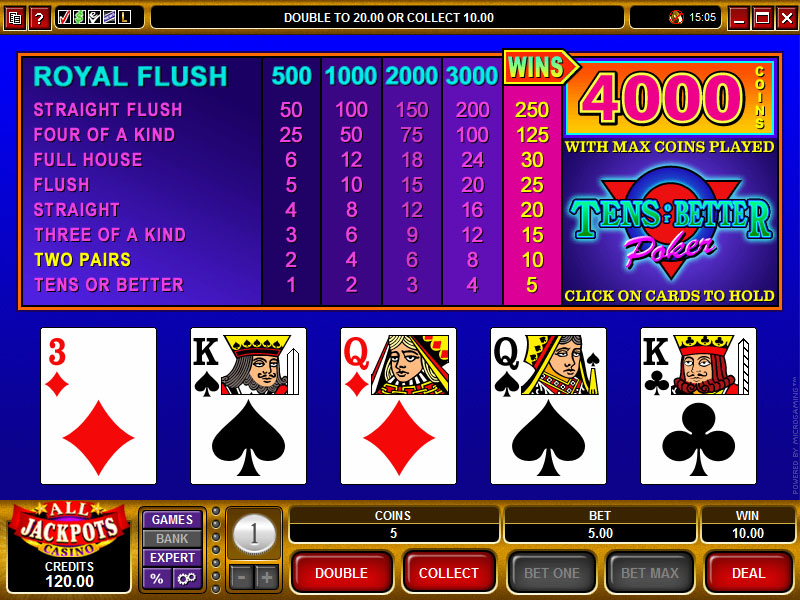 tens or better video poker pay table